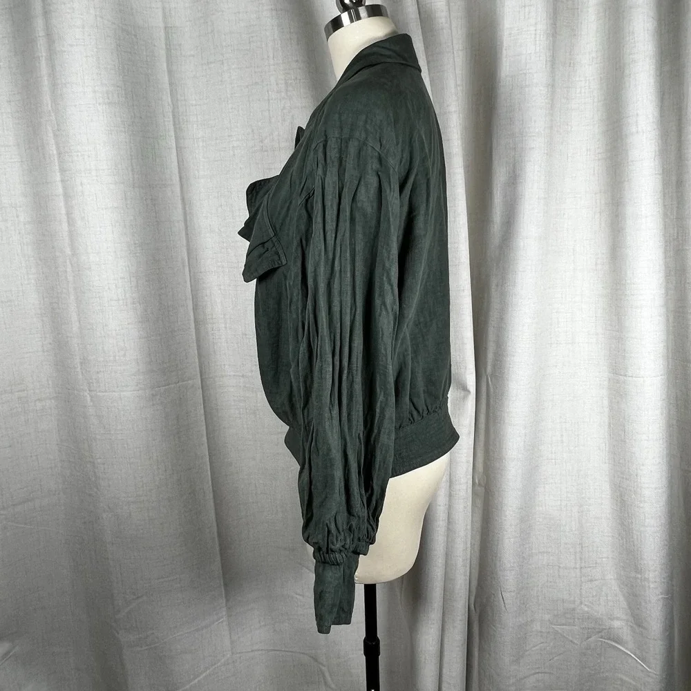 Free People Medium Billy Saddle Linen Blend Button Up‎ Green Crop Jacket Pockets